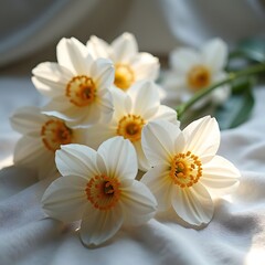 Obraz premium Gossamer Blooms Spring Flowers on Linen Cloth, Illuminated and Enhanced