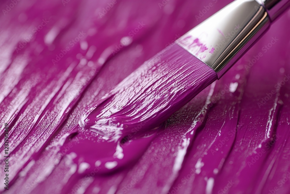 Poster Vibrant purple paint being applied with a brush on a textured surface demonstrating color mixing artistry