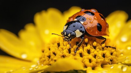 Ladybug on a yellow flower with water droplets. (1)