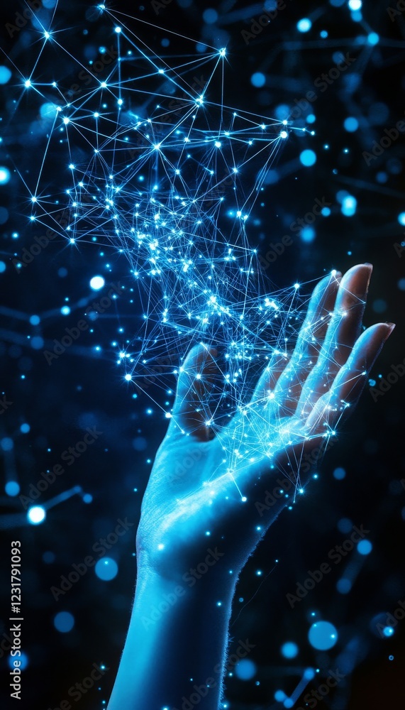 Poster glowing neural network, technology abstract with blue background in a hand, vector style