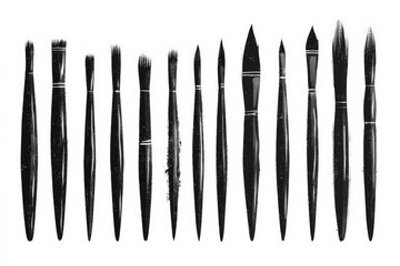 Various paintbrushes arranged in a neat row showcasing different sizes and shapes for artistic use