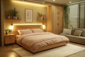 A luxurious modern bedroom with a large bed, white bedding, and cozy lighting from elegant nightstand lamps. The space exudes comfort with a sleek and contemporary design