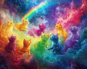 Rainbow Kittens Gaze at Cosmic Nebula