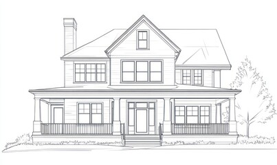 Architectural Drawing of a Two Story House with Porch