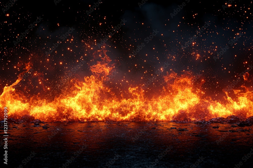 Aufkleber intense flames create a mesmerizing display against a dark backdrop at night