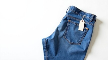A pair of blue denim jeans with a blank tag, showcasing casual style and retail potential