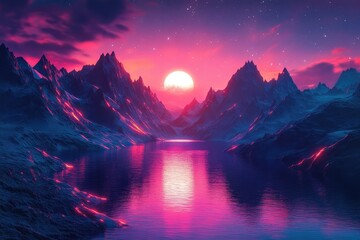 A futuristic landscape with neon-lit mountains and glowing lakes, creating a surreal, vibrant scene.
