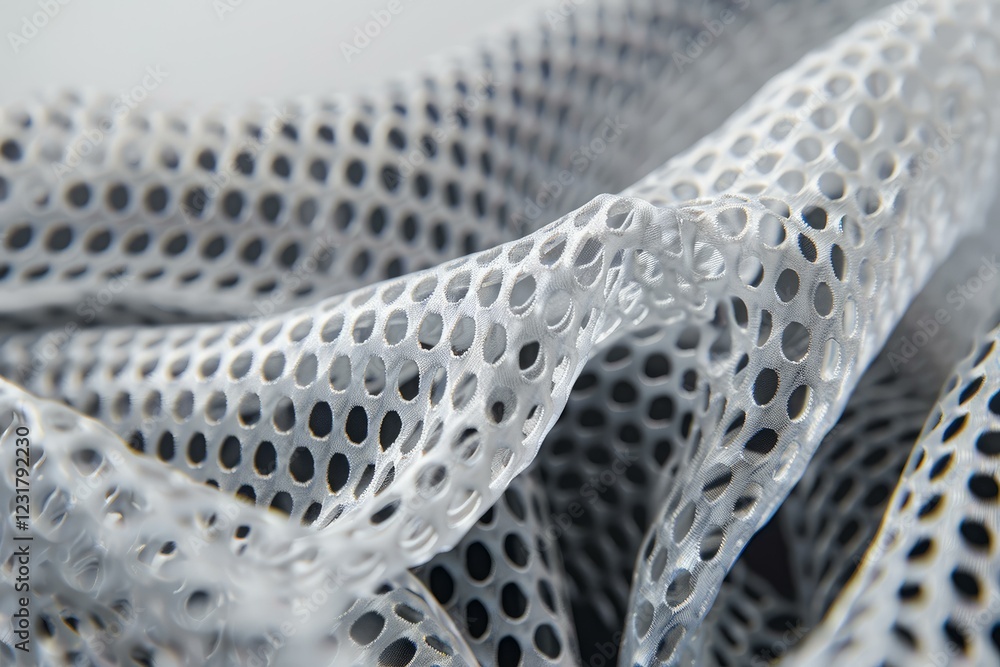 Poster close up of white mesh fabric creating a wavy and textured background with its unique hole pattern