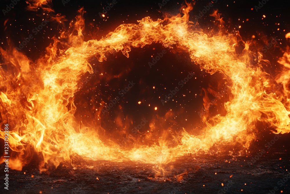 Poster fiery circular formation surrounded by glowing embers and sparks illuminating a dark space