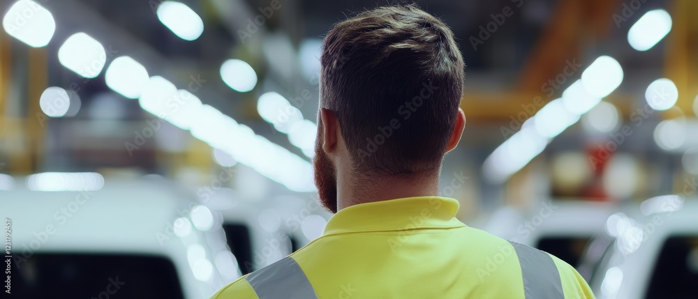 Poster worker in safety uniform observing production line in automotive manufacturing facility, emphasizing