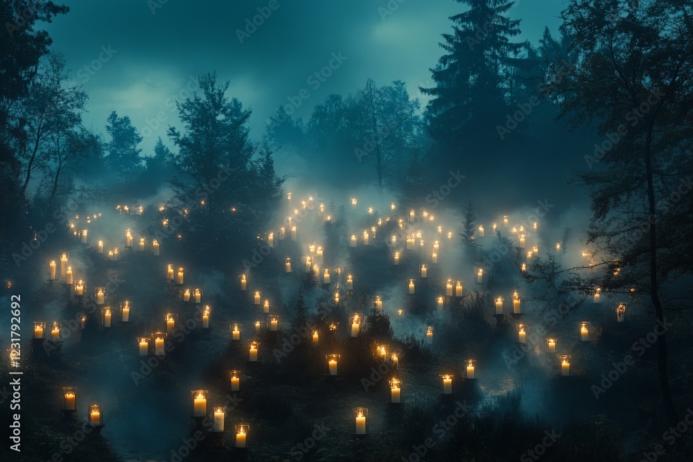 Poster Mysterious forest illuminated by glowing candles during twilight with fog rolling through trees