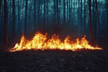 Flames reach high in a dense forest during dusk, casting an eerie glow on the trees