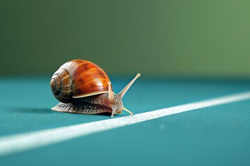 A close-up of a colorful snail slowly crossing a white line on a teal surface. Patience on the Track