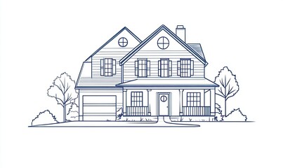 Suburban House Architectural Line Drawing Design