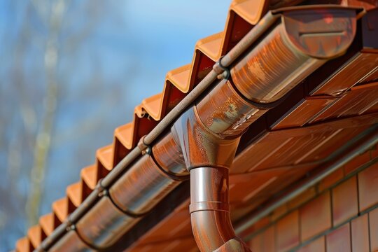 Copper rain gutter system collecting rainwater, preventing leaks and protecting the roof of a brick house