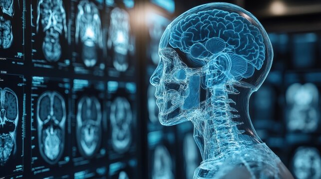 3D rendering of a human head displaying brain scans, showcasing advanced medical technology and the intersection of body and mind, emphasizing neuroscience.