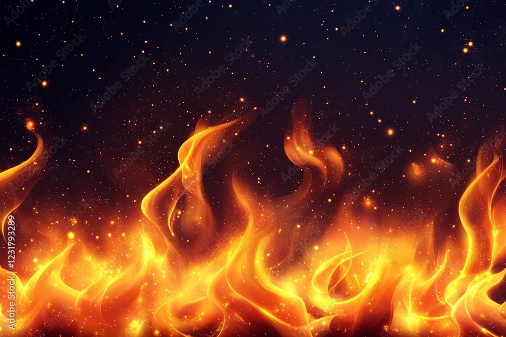 Poster Vibrant flames dance in dark smoke-filled atmosphere, creating a mystical and dynamic visual experience