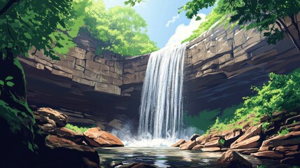 Lush forest waterfall, sunlight, calm pool, nature scene, travel poster