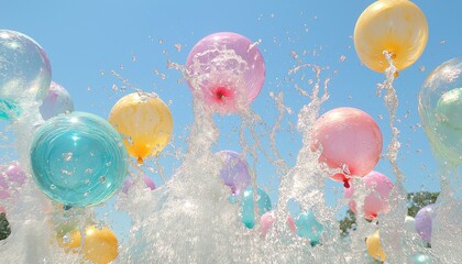 Songkran Water Balloons Splashing in the Sun Against Clear Blue Sky