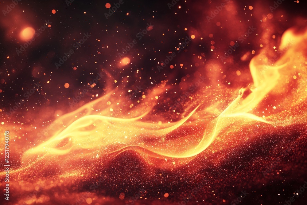 Poster dancing flames with sparkling embers illuminating the dark background during a fiery display