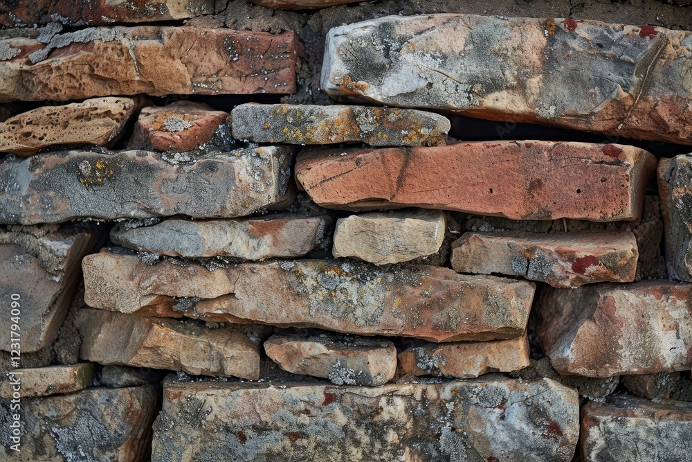 Poster close up of an old stone wall showing weathering and lichen growth, creating a rustic and textured b