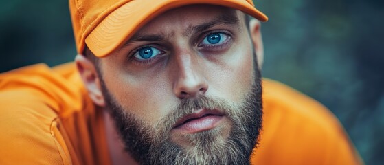 Bearded man wearing an orange cap looking directly at the camera. Close-up portrait conveying confidence and focus in an outdoor setting. Fashion and expression.