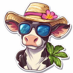 Cow wearing sunglasses and a straw hat with a tropical vibe. Generative AI
