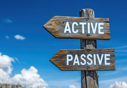 Two wooden signs with arrows pointing to Active and Passive - Powered by Adobe