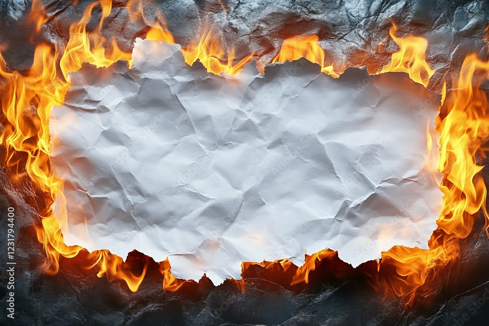 Aufkleber crumpled paper surrounded by intense flames creating a dramatic visual contrast