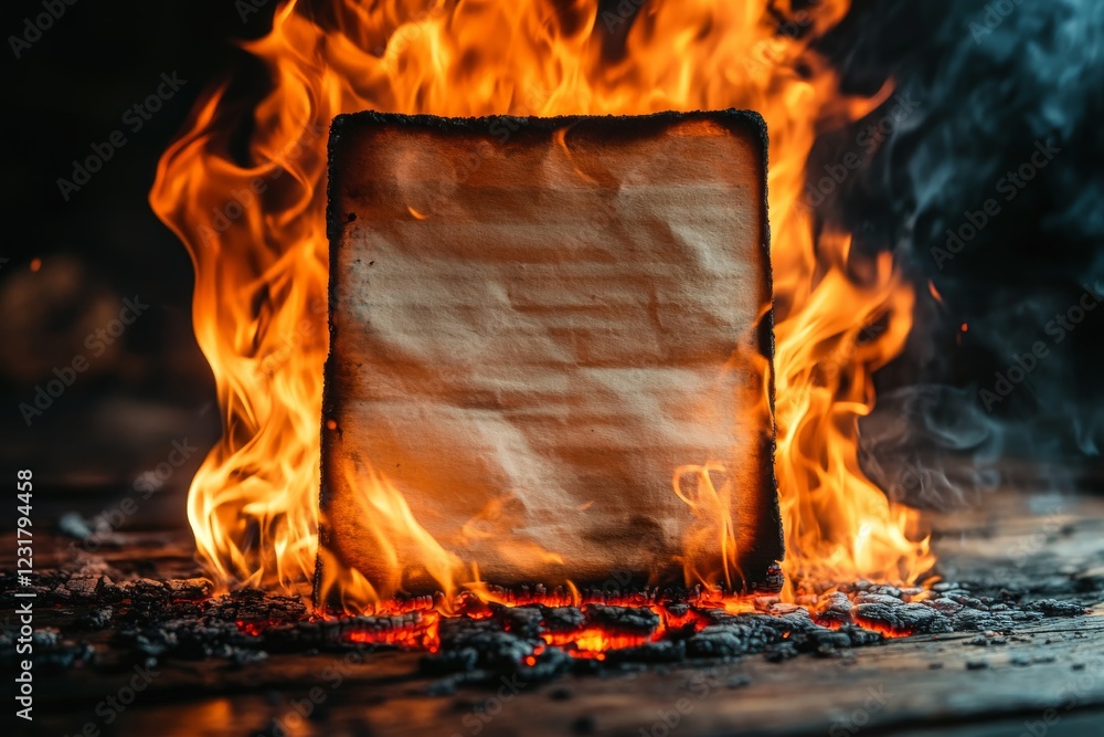 Aufkleber Flames engulf a rectangular sheet of paper in a dramatic display of fire and smoke in a dark room