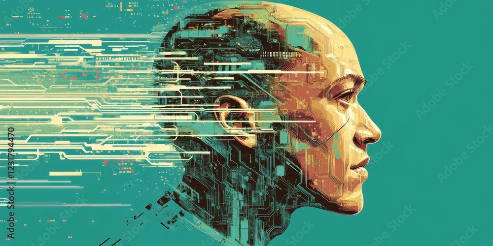Poster artificial intelligence, human head from circuit boards with binary code, cyan and white on blue