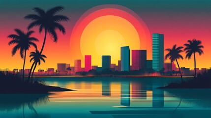 Futuristic Sunset Landscape with Retro Wave Design for Professional Graphic Designs