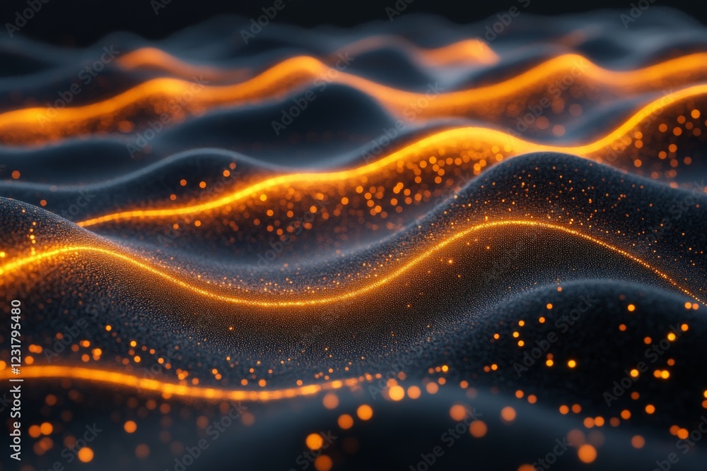 Poster abstract patterns of light and shadow create a mesmerizing wave effect with glowing particles in a d