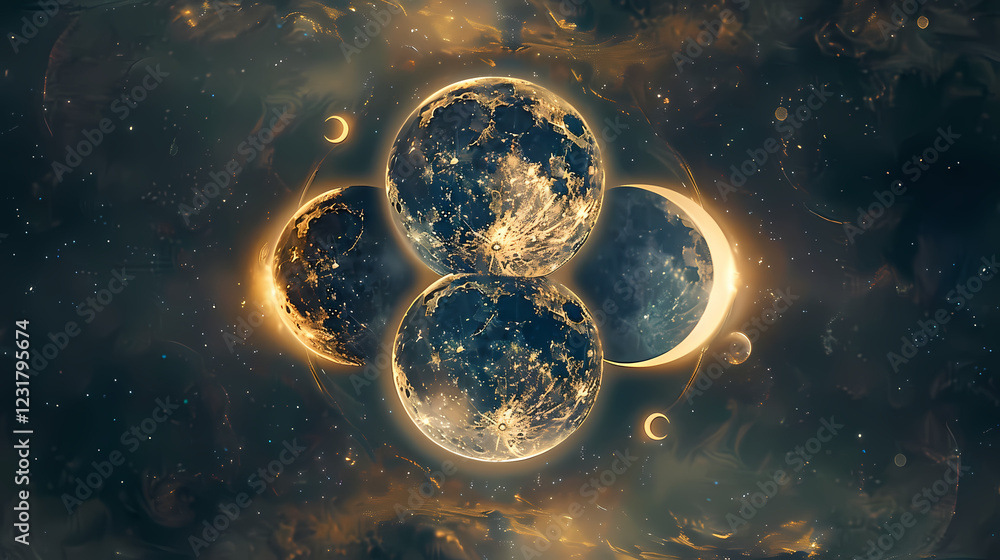 Poster celestial display of multiple moons in a cosmic landscape at night. generative ai