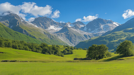 Mountain valley landscape with green meadows. Perfect for nature scenery, mountain tourism, and environmental conservation.