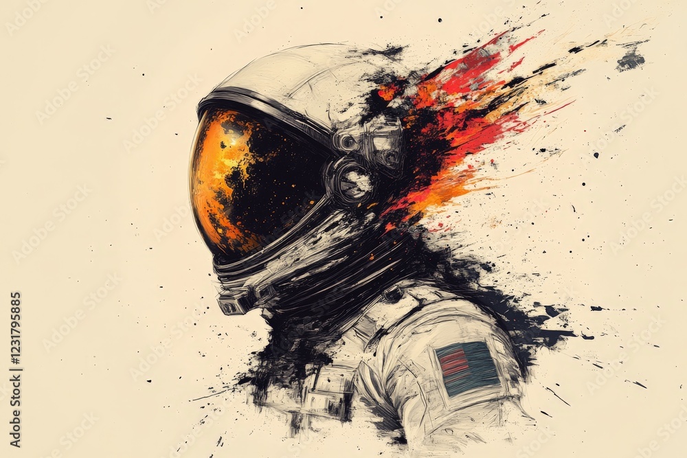 Poster astronaut helmet bursting with vibrant colors against a neutral background showcases space explorati