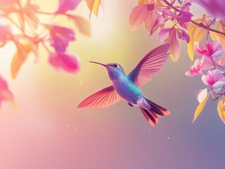 A vibrant hummingbird in flight with gradient shading