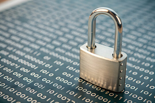 Cybersecurity Concept - Padlock on Digital Binary Code