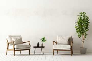 Obraz premium Minimalist interior featuring two armchairs, a small table, potted plant, and a clean white wall, creating a serene and stylish space