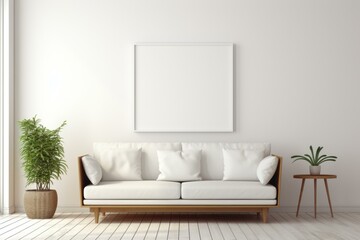 Modern minimalist white living room interior with sofa, plants, table and empty frame hanging on the wall
