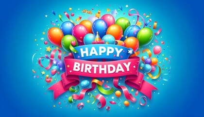 A vibrant "Happy Birthday" design with colorful balloons, confetti, and a festive ribbon banner on a blue background