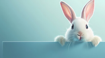 Obraz premium Cute white rabbit peeking over a light blue surface in futuristic setting. Generative AI