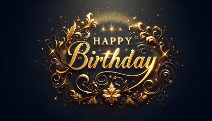 A golden "Happy Birthday" text with sparkling effects on a dark background, elegant and luxurious design for invitations or greeting cards.