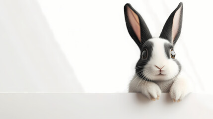 Obraz premium Cute black and white rabbit peeking over a blank surface. Generative AI