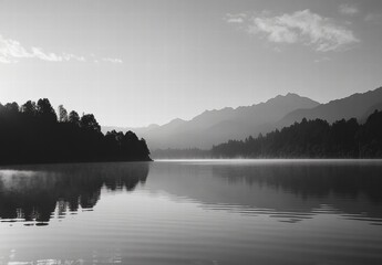 A serene lake with a mountain range in the background