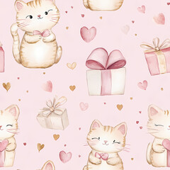 Cute cat pattern design with gifts on pink background for kids. Generative AI