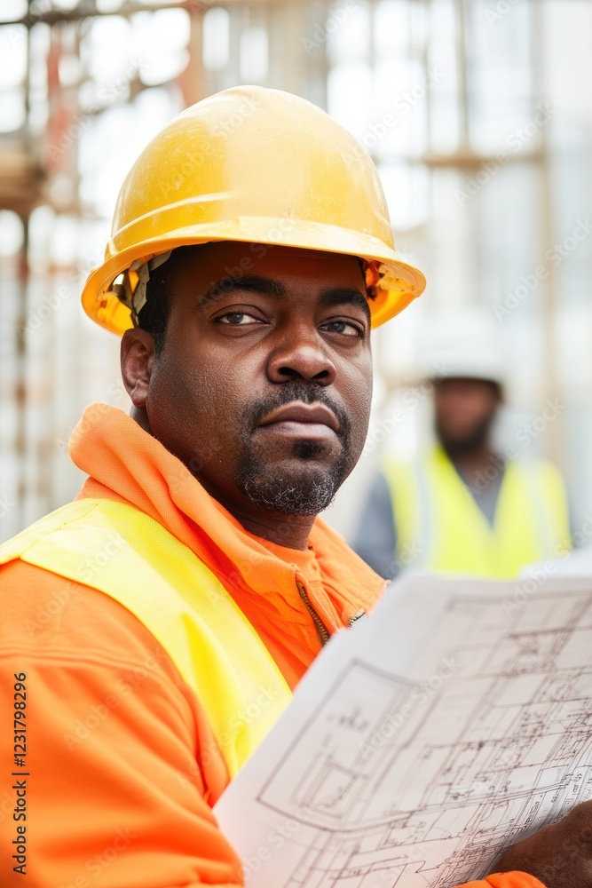 Poster construction worker reviewing blueprints on site, safety helmet and high-visibility jacket, collabor