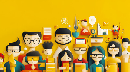 Contemporary characters with abstract geometric shapes. Concept of spam, searching solution, abstraction. Men and women with volumetric figures, Cartoon linear flat halftone yellow vector illustration