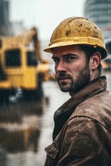 Fototapeta premium Construction worker on-site wearing a yellow hard hat, focused on safety amidst heavy machinery and urban development, capturing the essence of industrial labor.