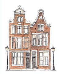 Fototapeta premium Two Attached Brick Houses With Street Lamps